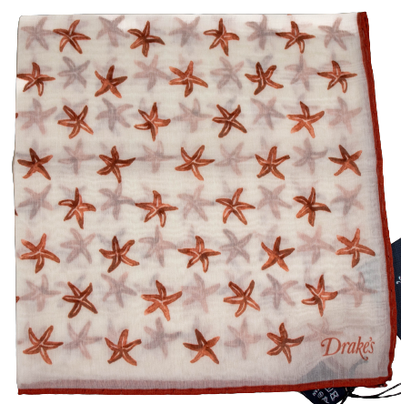 Drake's – Off-White Pocket Square w/Red Starfish Print