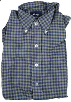 Drake's – Blue & Olive Gingham Check Flannel Shirt