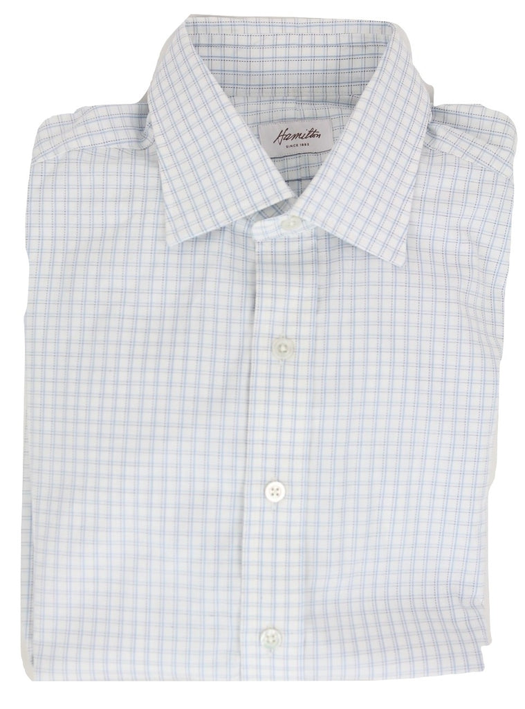 Hamilton - White Shirt w/Blue & Navy Plaid Pattern, French Cuff - PEURIST