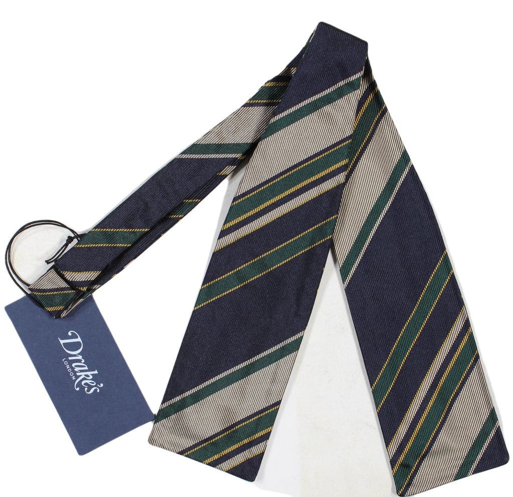 Drake's – Navy, Beige & Green Regimental Stripe Bow Tie