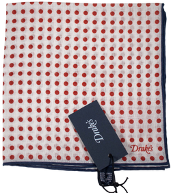 Drake's - White Linen Pocket Square w/Red Polka Dots