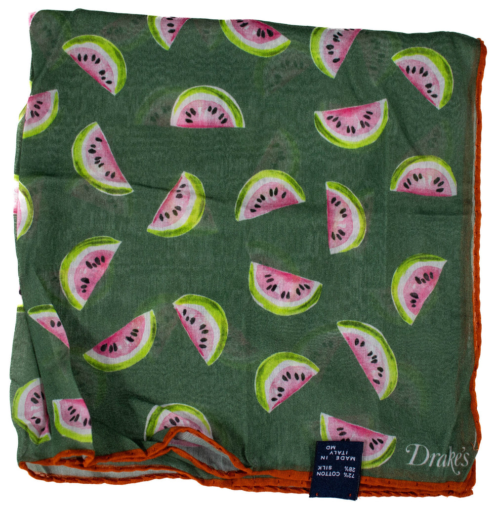 Drake's - Green Cotton/Silk Pocket Square w/Watermelon Print