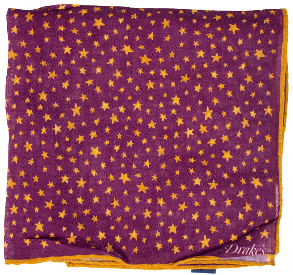 Drake's - Fuchsia Wool/Silk Pocket Square w/Star Print