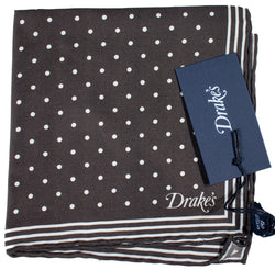 Drake's – Brown Silk Pocket Square w/Polka Dot Pattern
