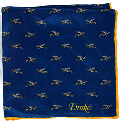 Drake's - Blue Silk Pocket Square w/Airplane Print