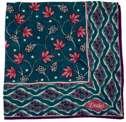 Drake's - Teal Wool/Silk Pocket Square w/Foliage Print