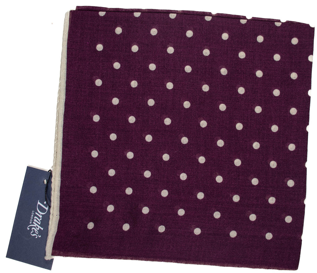 Drake's - Purple Wool/Silk Pocket Square w/Polka Dots