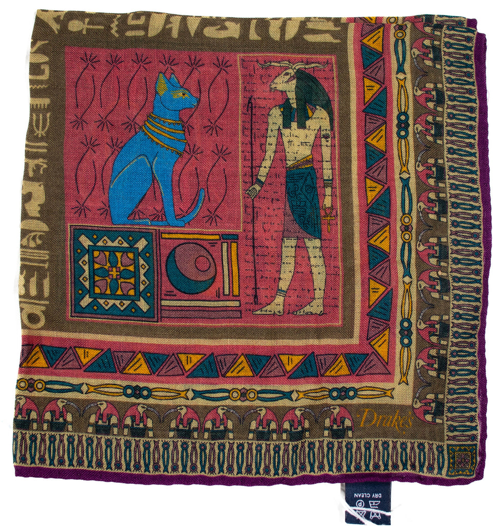 Drake's - Multicolored Wool/Silk Pocket Square w/Egyptian Print