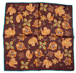 Drake's - Brown Wool/Silk Pocket Square w/Orange Harvest Print