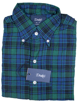 Drake's – Cotton/Linen Green & Blue Plaid Shirt