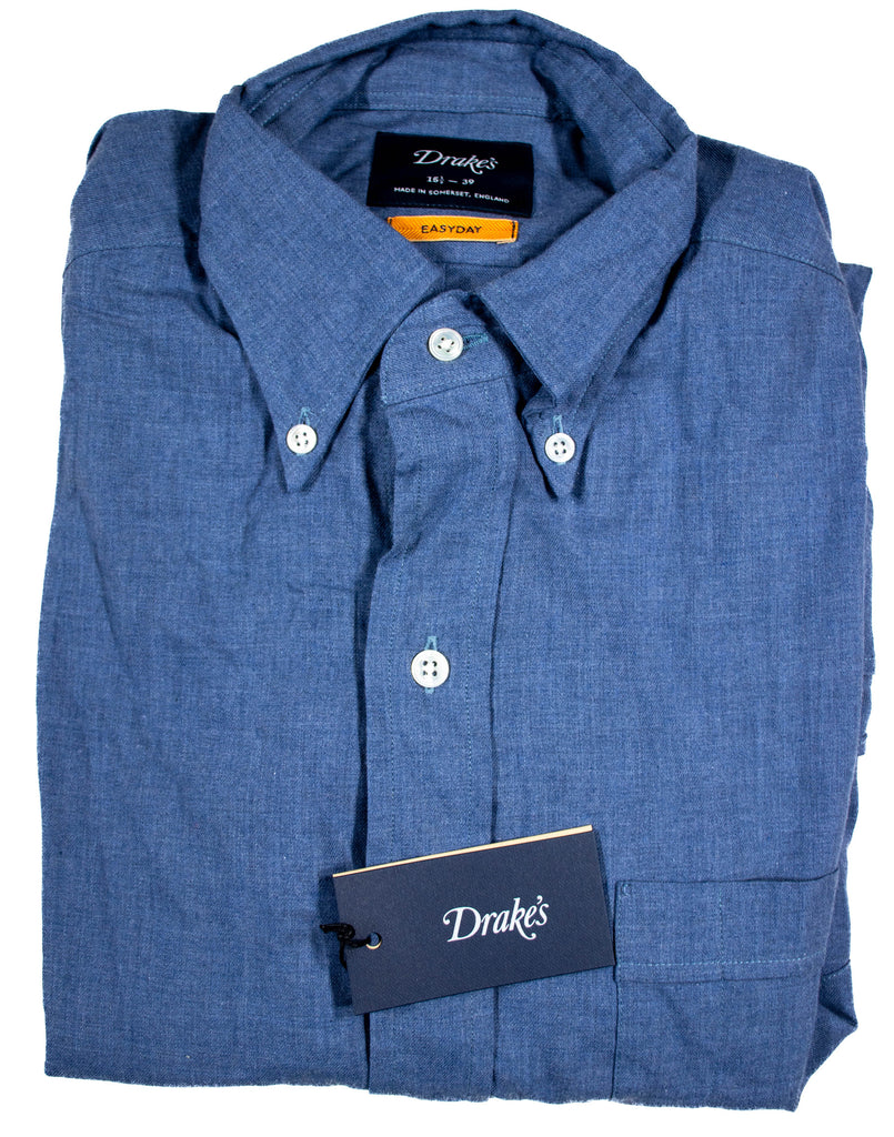 Drake's – Blue Brushed Cotton Shirt w/Button-down Collar