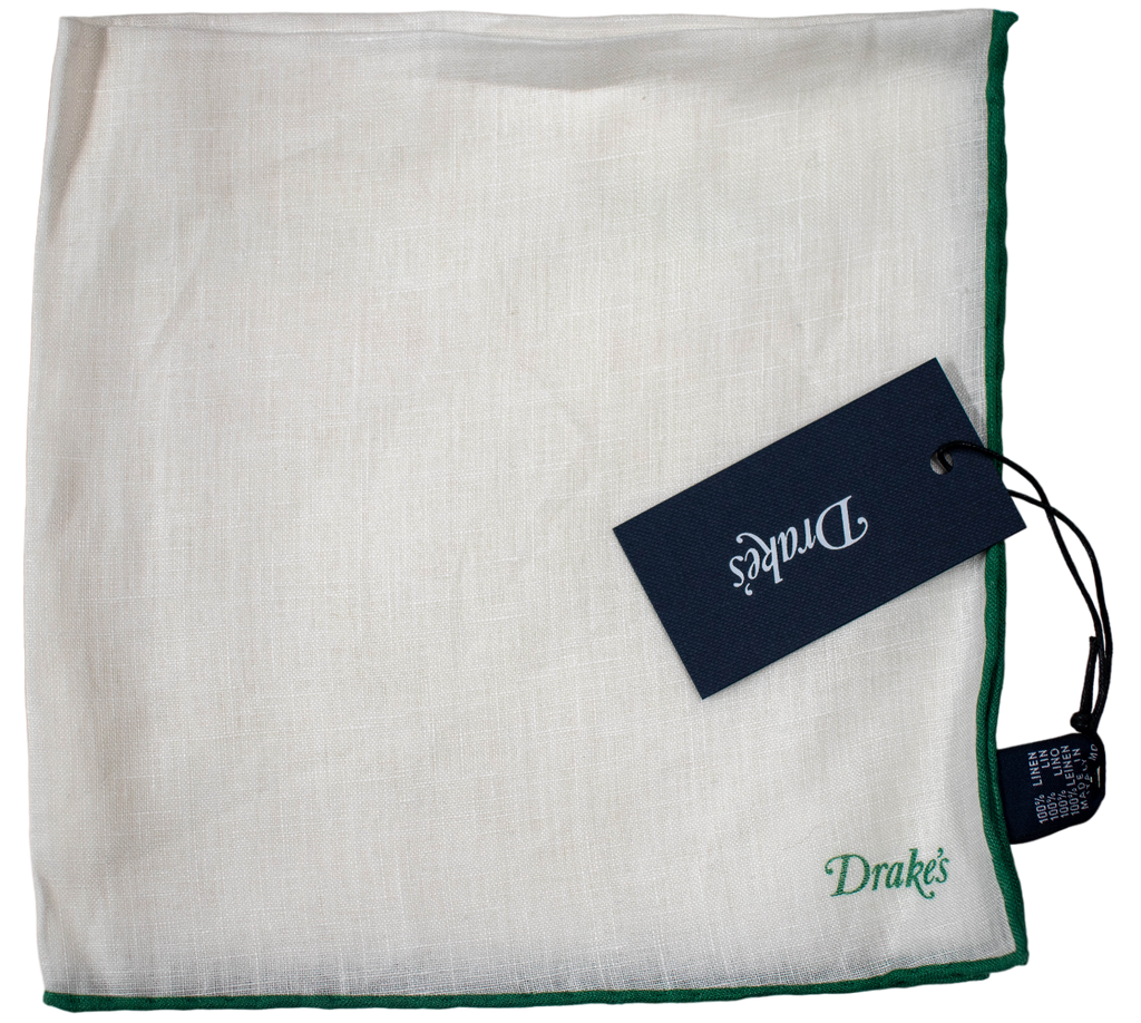 Drake's - White Linen Pocket Square w/Green Border