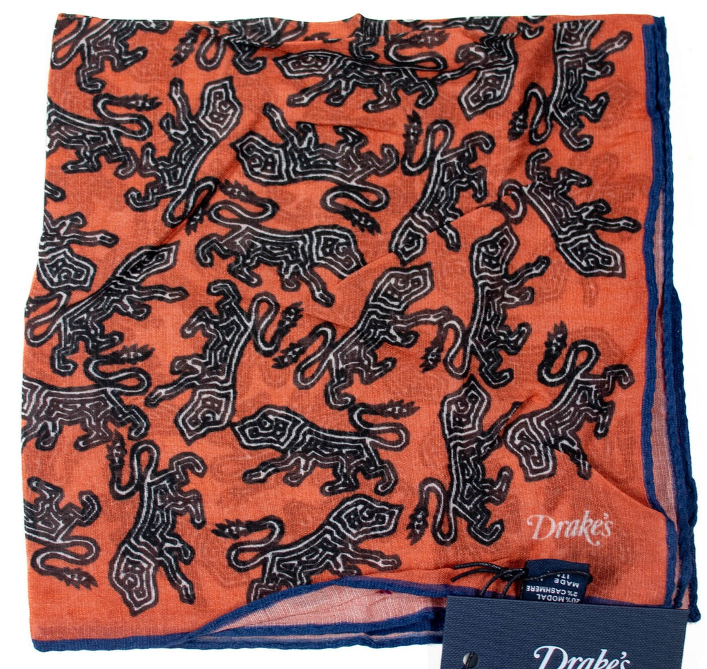 Drake's - Salmon Pocket Square w/Caveman Print