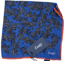 Drake's - Blue Pocket Square w/Caveman Print