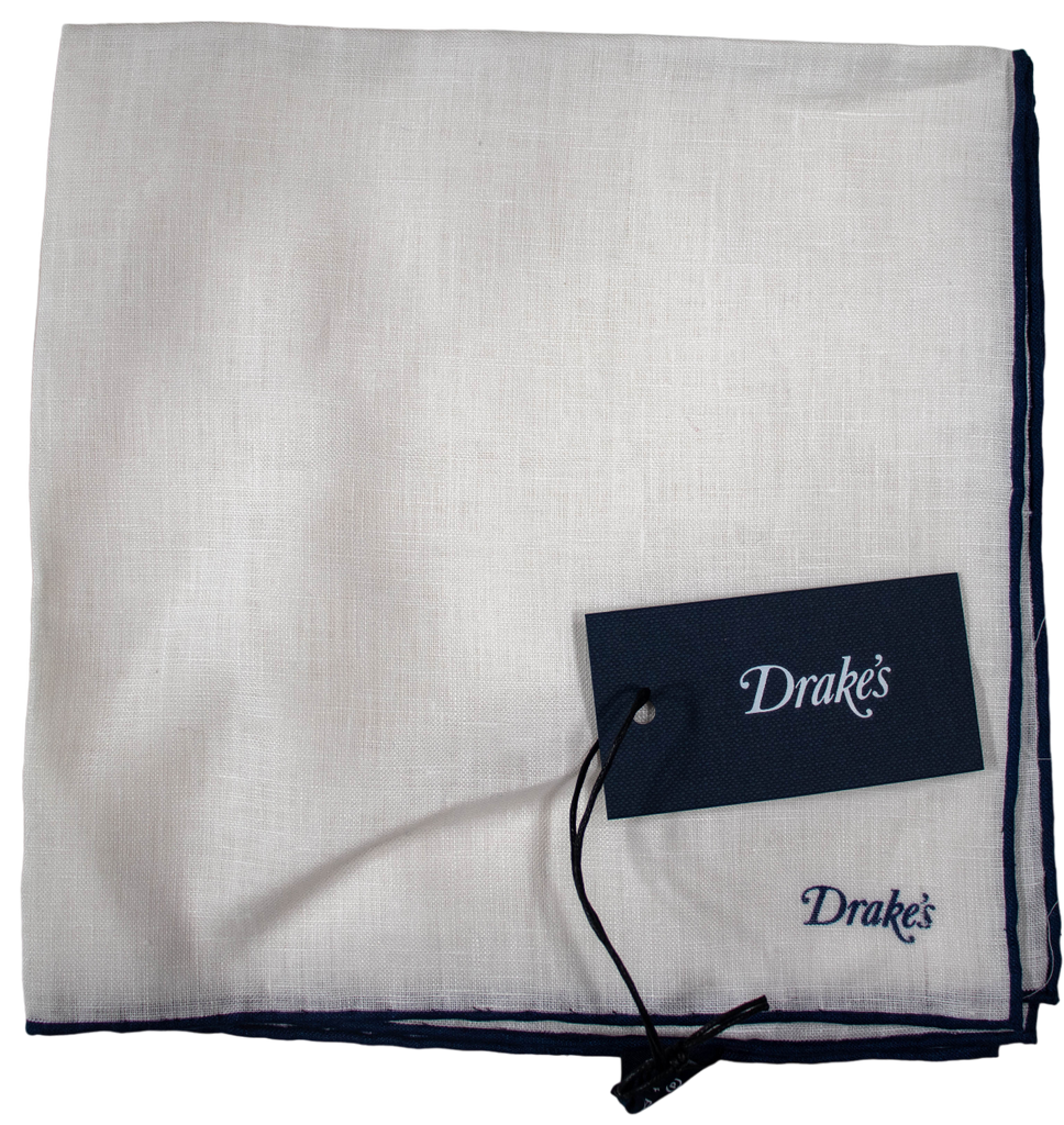 Drake's - White Linen Pocket Square w/Blue Border