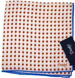 Drake's - Linen Pocket Square w/Rust Polka Dots
