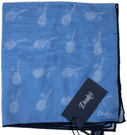 Drake's - Blue Pocket Square w/Tennis Print
