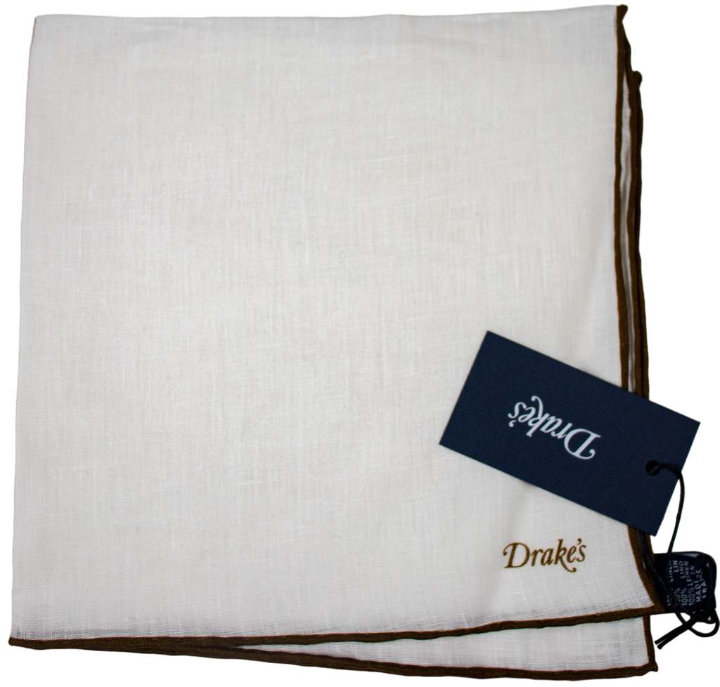 Drake's - White Linen Pocket Square w/Brown Border