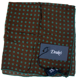 Drake's – Brown/Green Polka Dot Wool/Silk Pocket Square