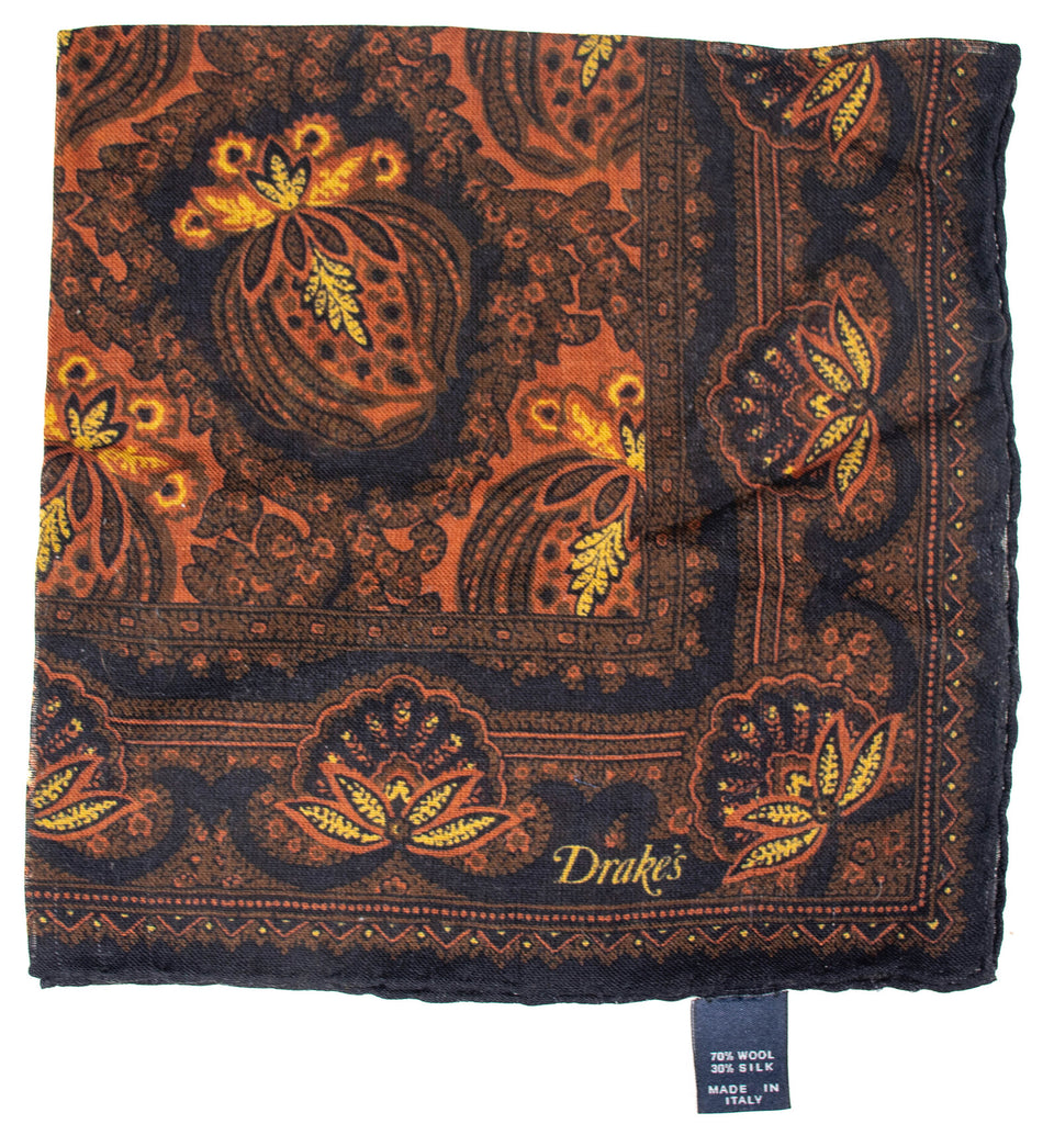 Drake's - Black & Orange Madder Wool/Silk Pocket Square (NWOT)