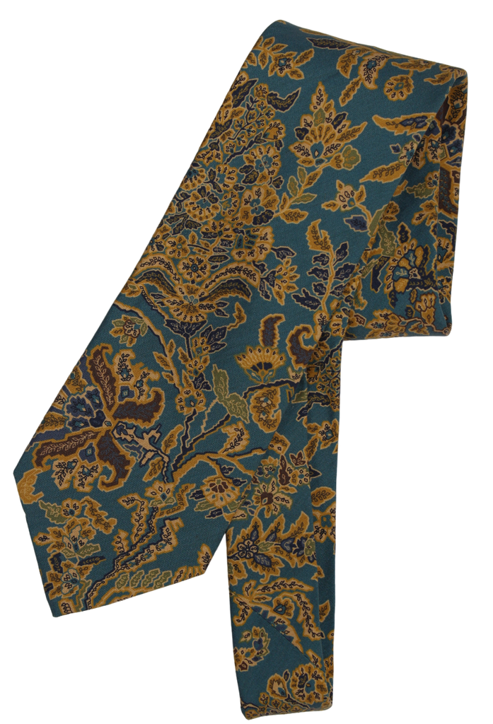 Drake's - Light Teal Silk Tie w/Gold Floral Print