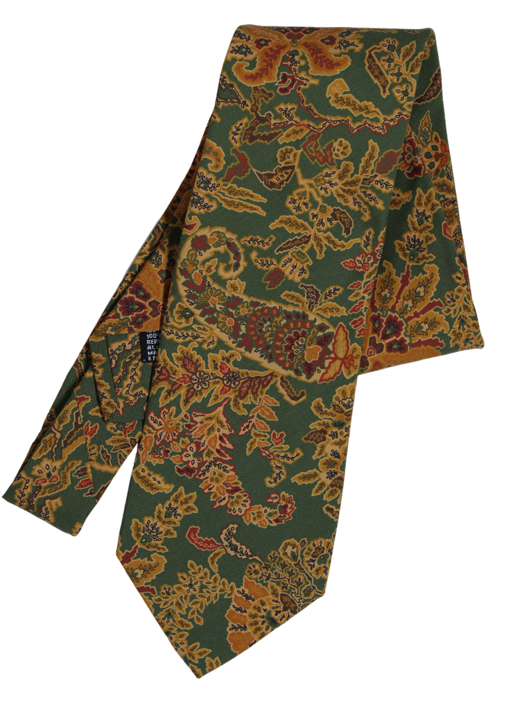 Drake's - Green Silk Tie w/Gold Floral Print