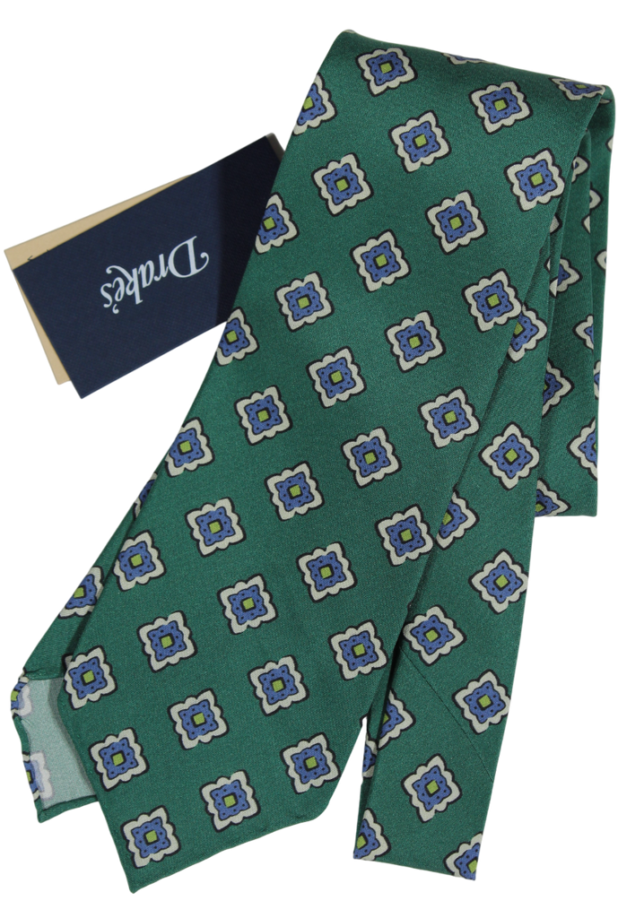 Drake's - Green Silk Tie w/Ancient Madder Print