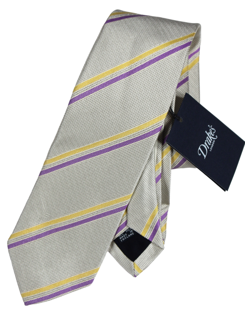 Drake's - Light Silver Silk Tie w/Purple & Yellow Repp Stripe