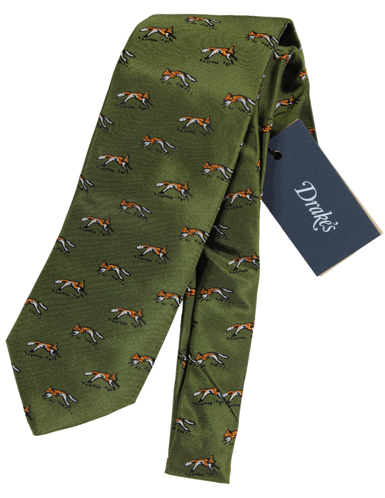 Drake's - Olive Silk Tie w/Orange Fox Pattern