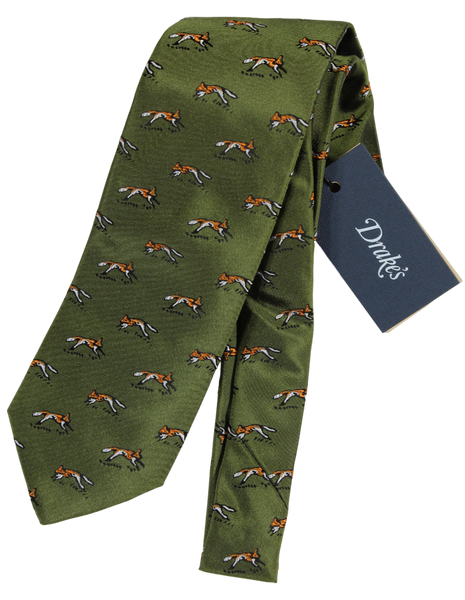 Drake's - Olive Silk Tie w/Orange Fox Pattern