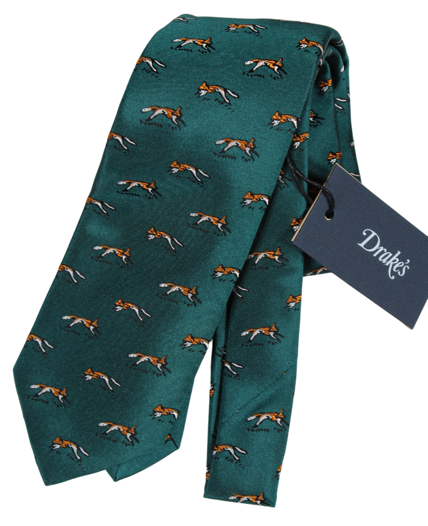 Drake's - Teal Silk Tie w/Orange Fox Pattern