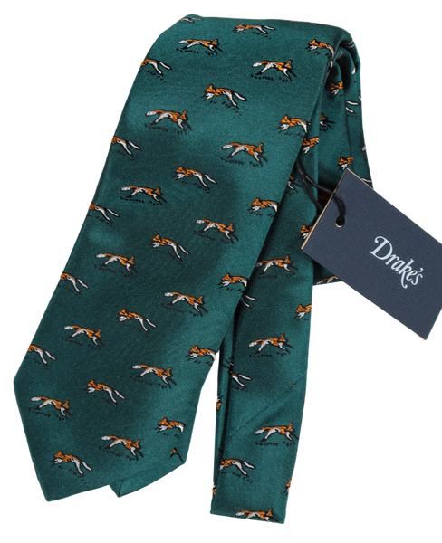 Drake's - Teal Silk Tie w/Orange Fox Pattern