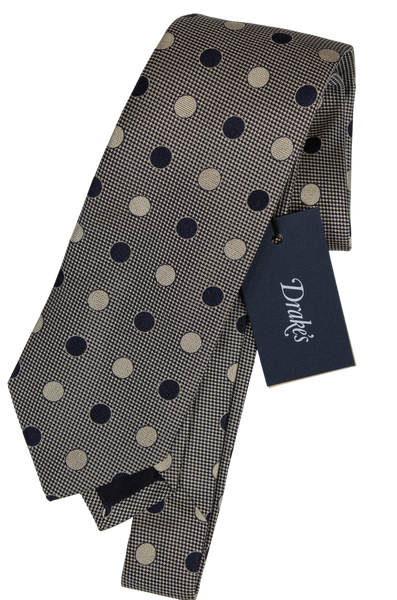 Drake's - Navy & Beige Silk Tie w/Polka Dots