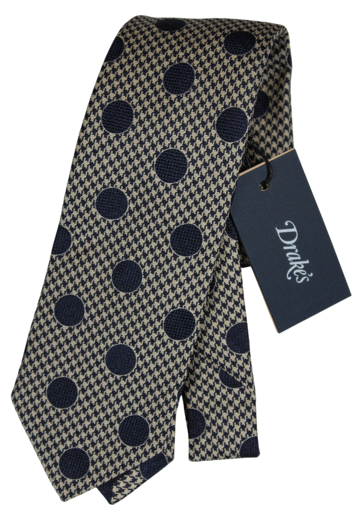 Drake's - Navy & Beige Houndstooth Tie w/Polka Dot Print