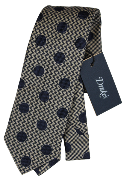 Drake's - Navy & Beige Houndstooth Tie w/Polka Dot Print