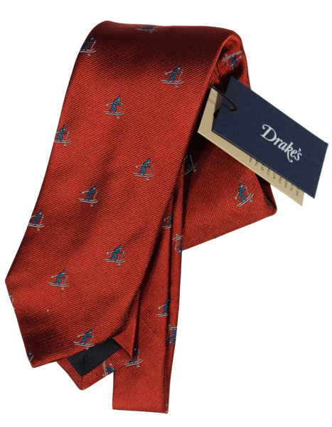 Drake's - Orange Grosgrain Silk Tie w/Ski Pattern