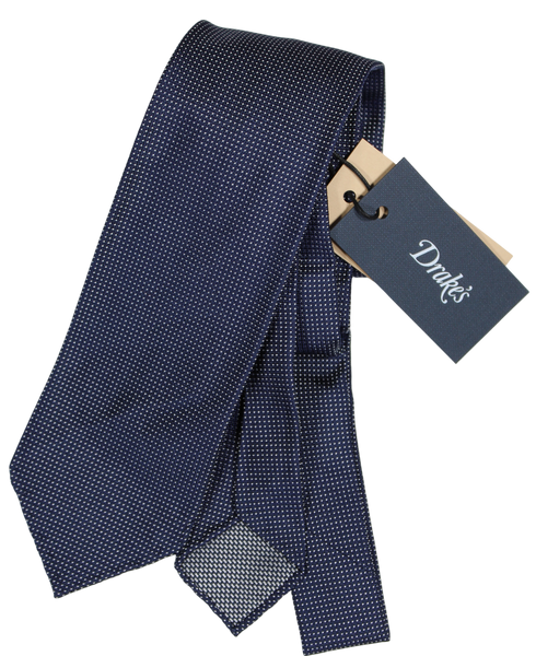 Drake's - Navy Silk Tie w/Silver Micro-Dot Pattern