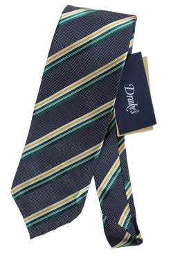 Drake's - Navy & Silver Micro-Dot Tie w/Green & Yellow Stripe