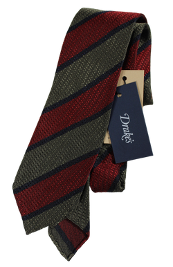 Drake's - Green & Red Repp Stripe, Loose Weave Tie