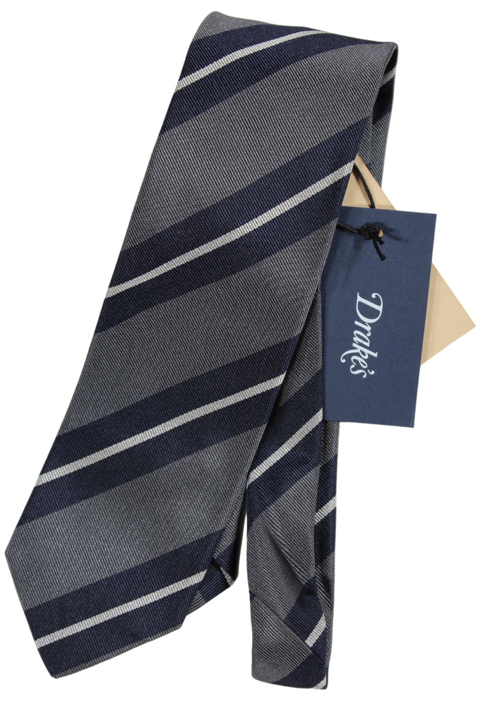 Drake's - Gray Grosgrain SIlk Tie w/Navy Repp Stripe