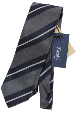 Drake's - Gray Grosgrain SIlk Tie w/Navy Repp Stripe