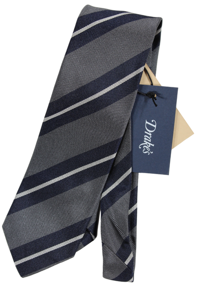 Drake's - Gray Grosgrain SIlk Tie w/Navy Repp Stripe