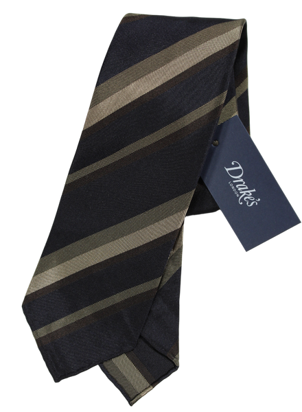 Drake's - Navy Grosgrain Silk Tie w/Brown Repp Stripe