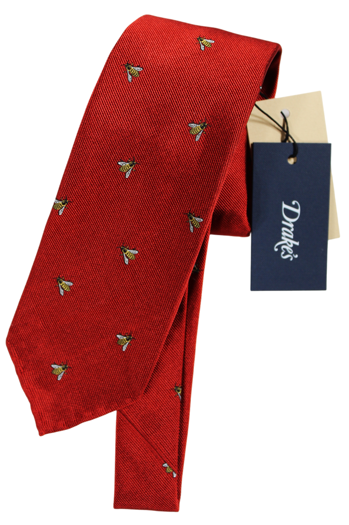 Drake's - Red Grosgrain Silk Tie w/Honeybee Pattern