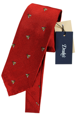 Drake's - Red Grosgrain Silk Tie w/Honeybee Pattern