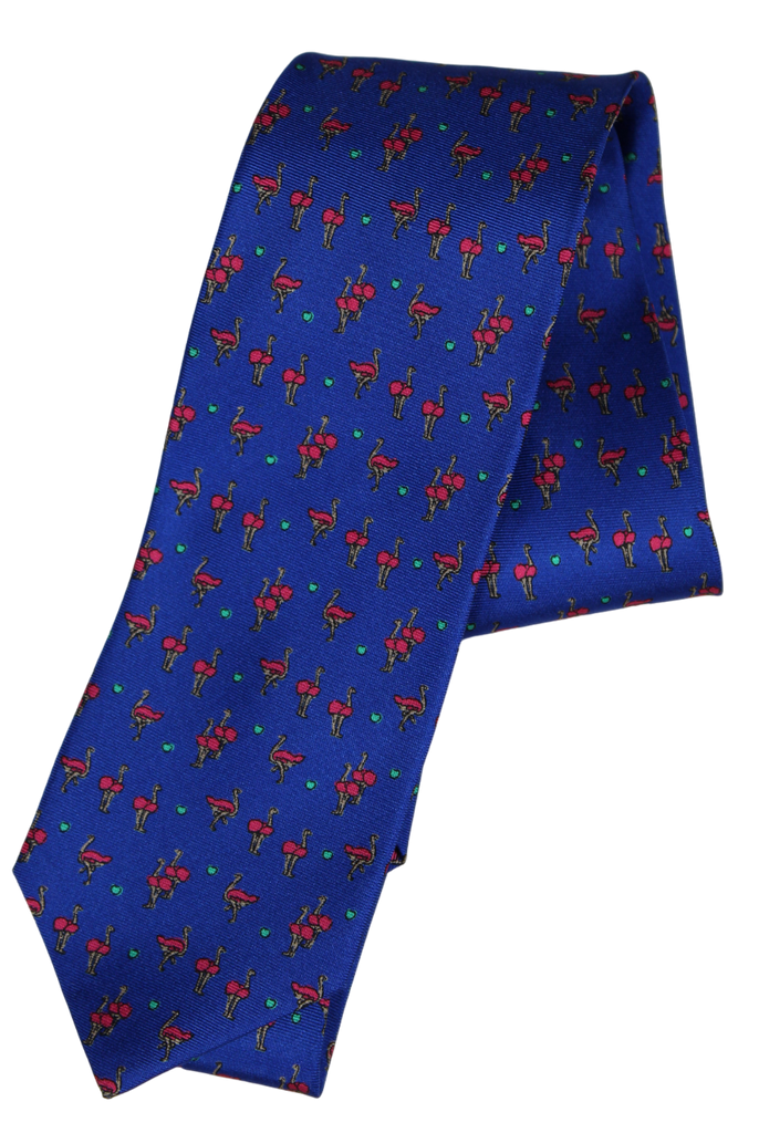 Drake's - Blue SIlk Tie w/Red Ostrich Print