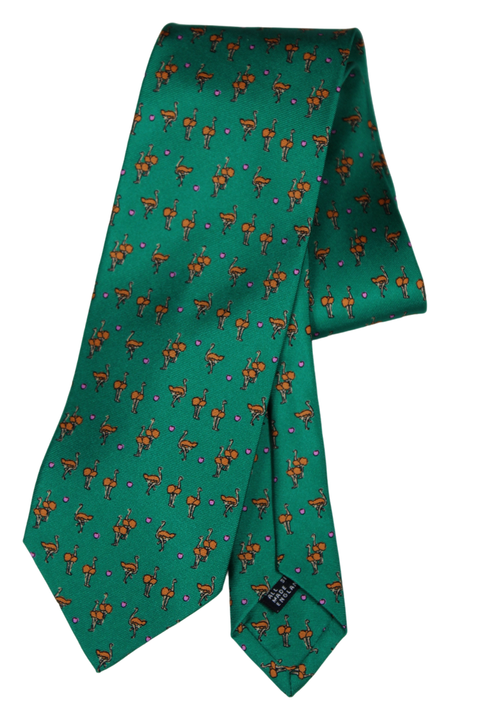 Drake's - Green Silk Tie w/Orange Ostrich Print