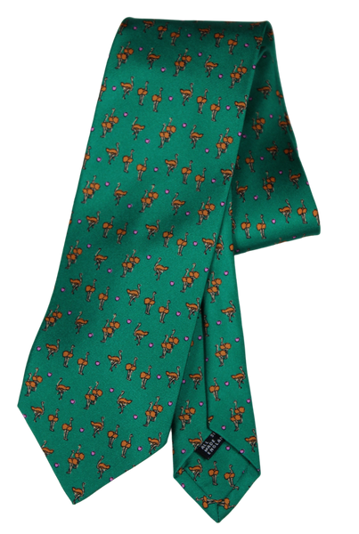 Drake's - Green Silk Tie w/Orange Ostrich Print