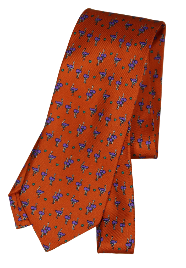 Drake's - Orange Silk Tie w/ Purple Ostrich Print