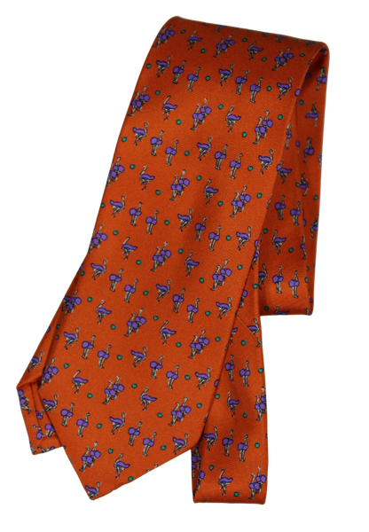 Drake's - Orange Silk Tie w/ Purple Ostrich Print